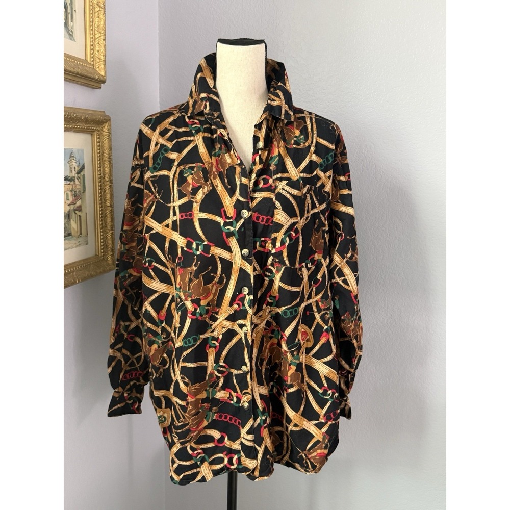 Vintage Polo Match Equestrian Horse 100% Cotton Novelty Top Blouse Button Down